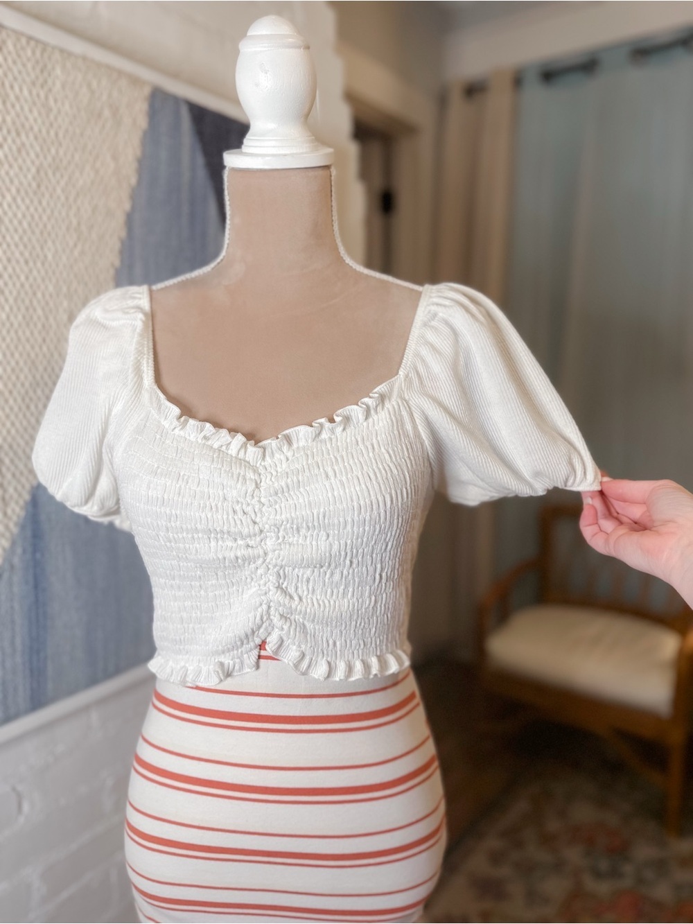 Altar'd State White Puff Sleeve Ruffle Crop Top
